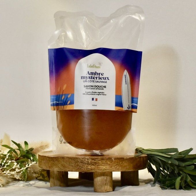 Recharge écologique 500mL de savon liquide bio Ambre Mystérieux, format zéro déchet avec notes chaud