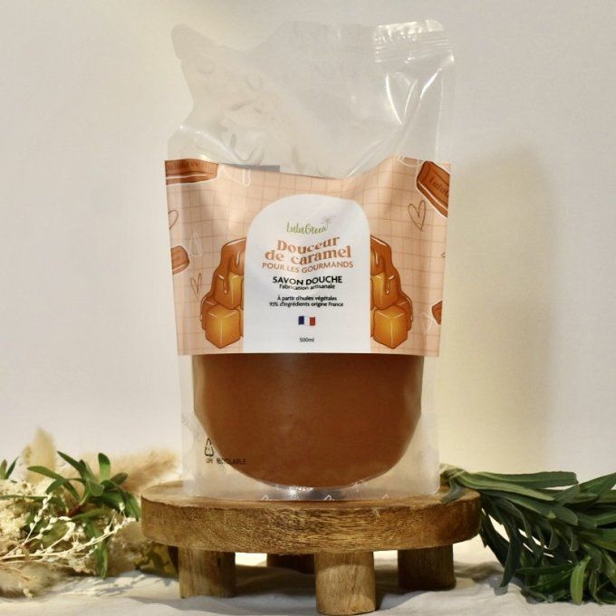 Recharge écologique 500mL de savon liquide bio parfumé Douceur de Caramel, format économique zéro dé