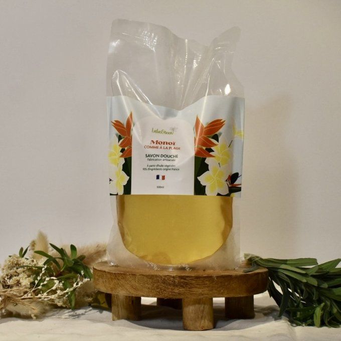 Recharge écologique 500mL de savon liquide parfumé au Monoï, format économique zéro déchet aux notes