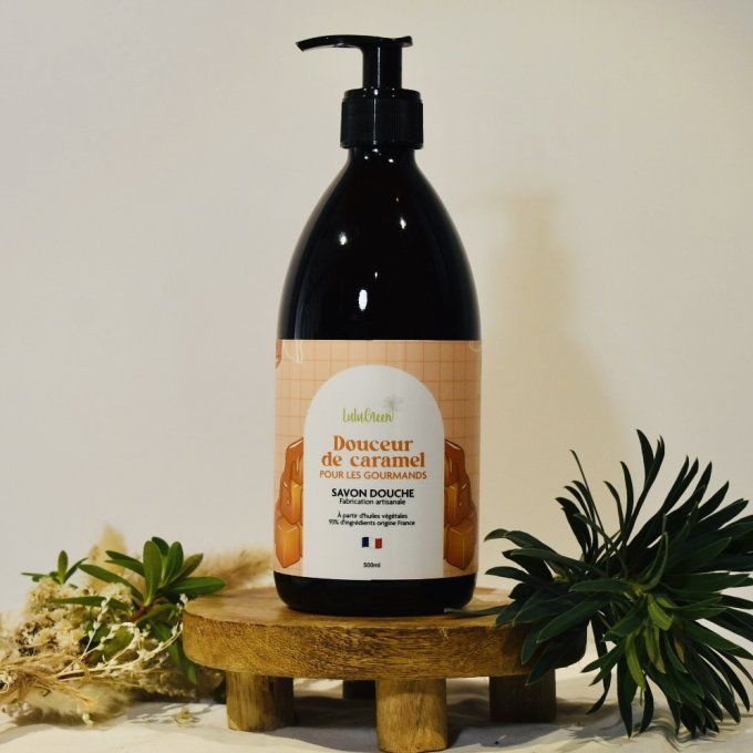 savon-douche-douceur-caramel-bio-liquide-parfum-gourmand-vanille-flacon-verre-rechargeable-lulugreen