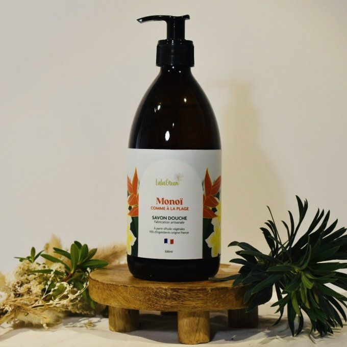 Savon douche liquide parfum monoï dans son flacon en verre rechargeable, formule bio aux fragrances 