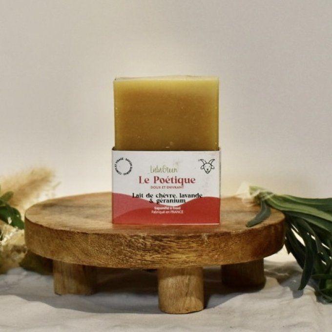 Savon bio Le Poétique au lait de chèvre, géranium et lavande, enrichi en argiles, fabriqué artisanal
