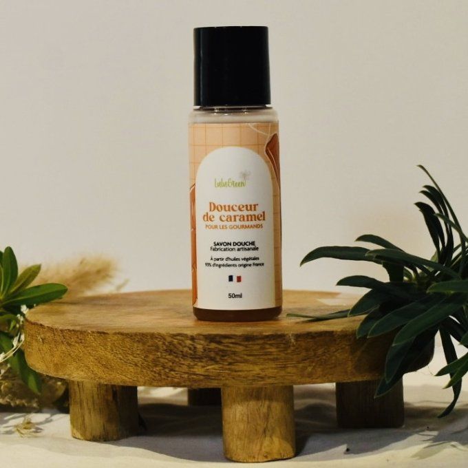 Flacon voyage 50ml de savon liquide douceur de caramel bio, formule naturelle et hydratante au parfu