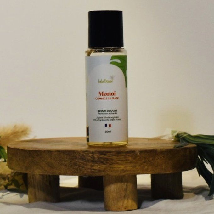 Flacon voyage 50ml de savon liquide monoï bio, formule naturelle et hydratante parfumée pour le corp